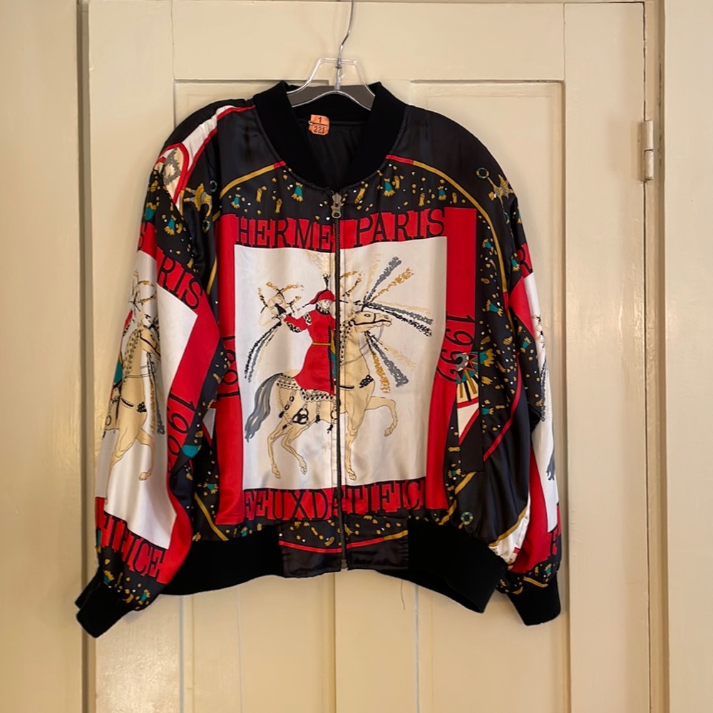 Hermes vintage silk bomber jacket, size women’s L or XL.